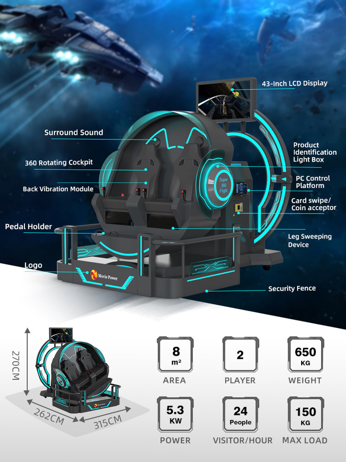 VR 360 2 zitplaatsen 9d achtbaan VR machines 360 rotatie VR bioscoop 360 graden vliegstoelen simulator 1